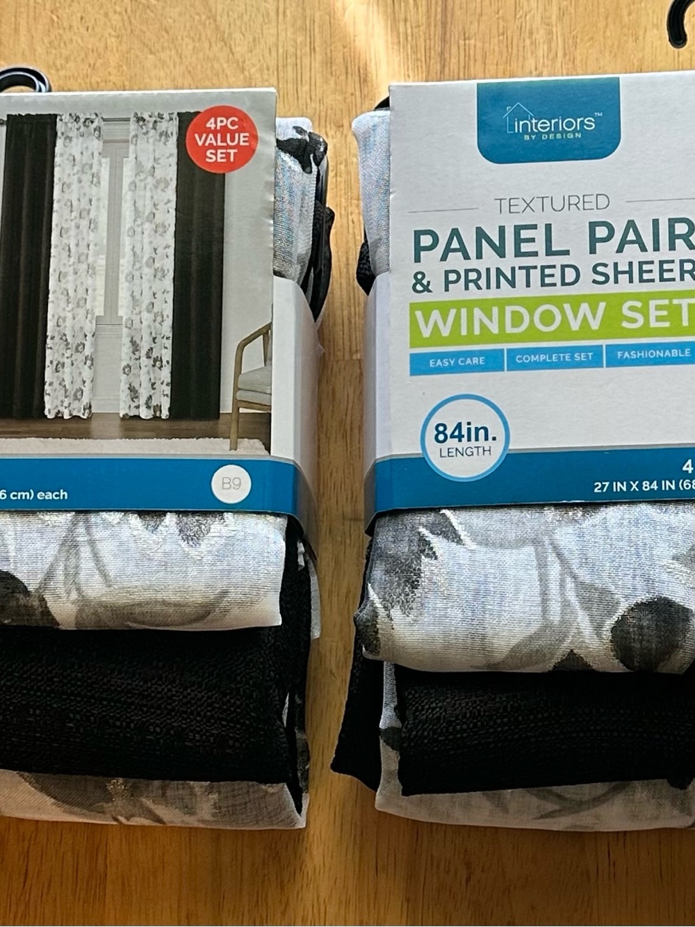 Interiors by Design Black and White Textured Panel Pair with Printed Sheers.84”